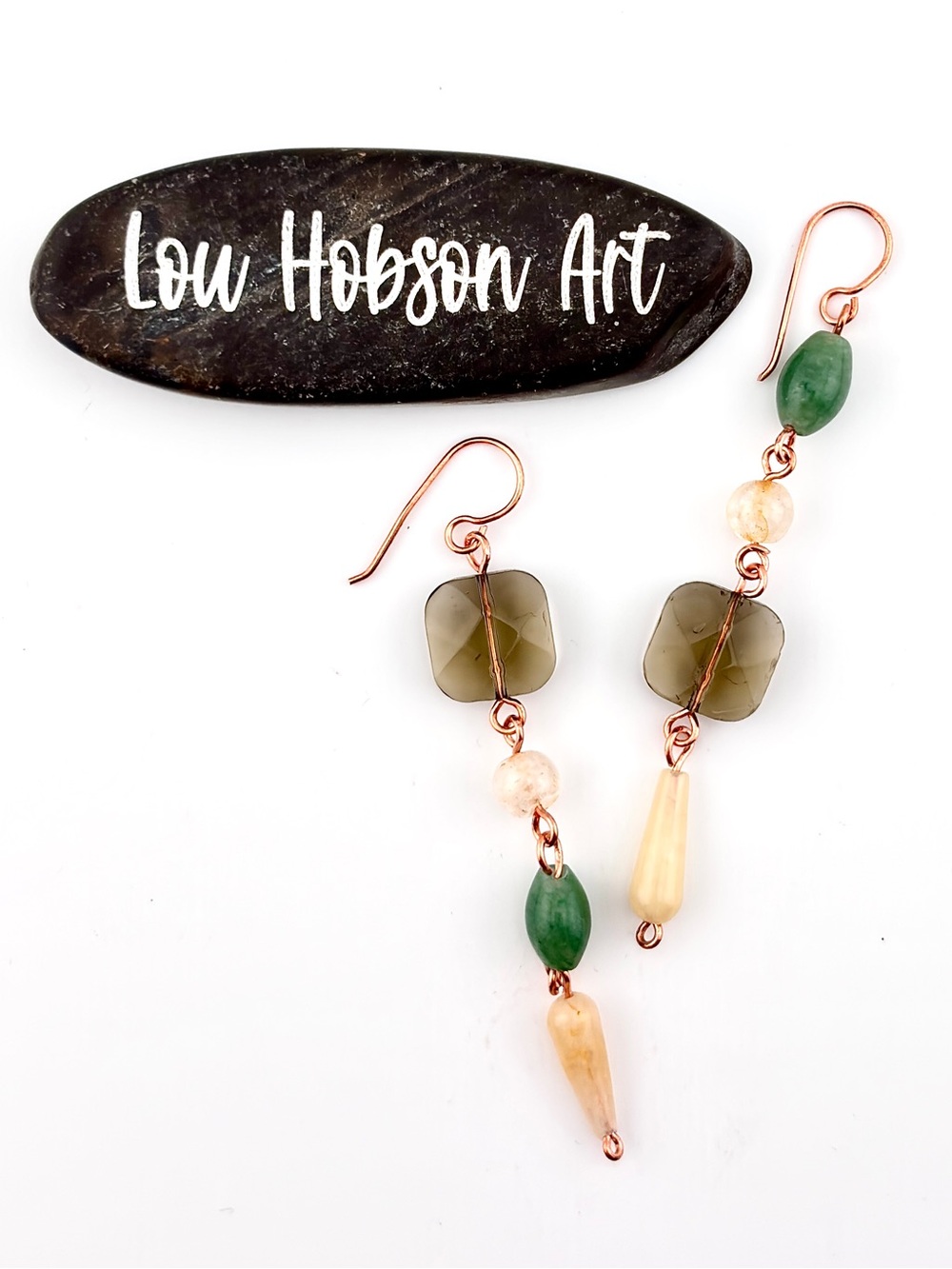 Handmade Aventurine, Citrine, Yellow Jade Faceted Glass Copper Wire Wrap Earring